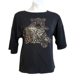 Vintage Foil Silk Screen Leopard Shirt Women's Size Large Black Gold Hawaii